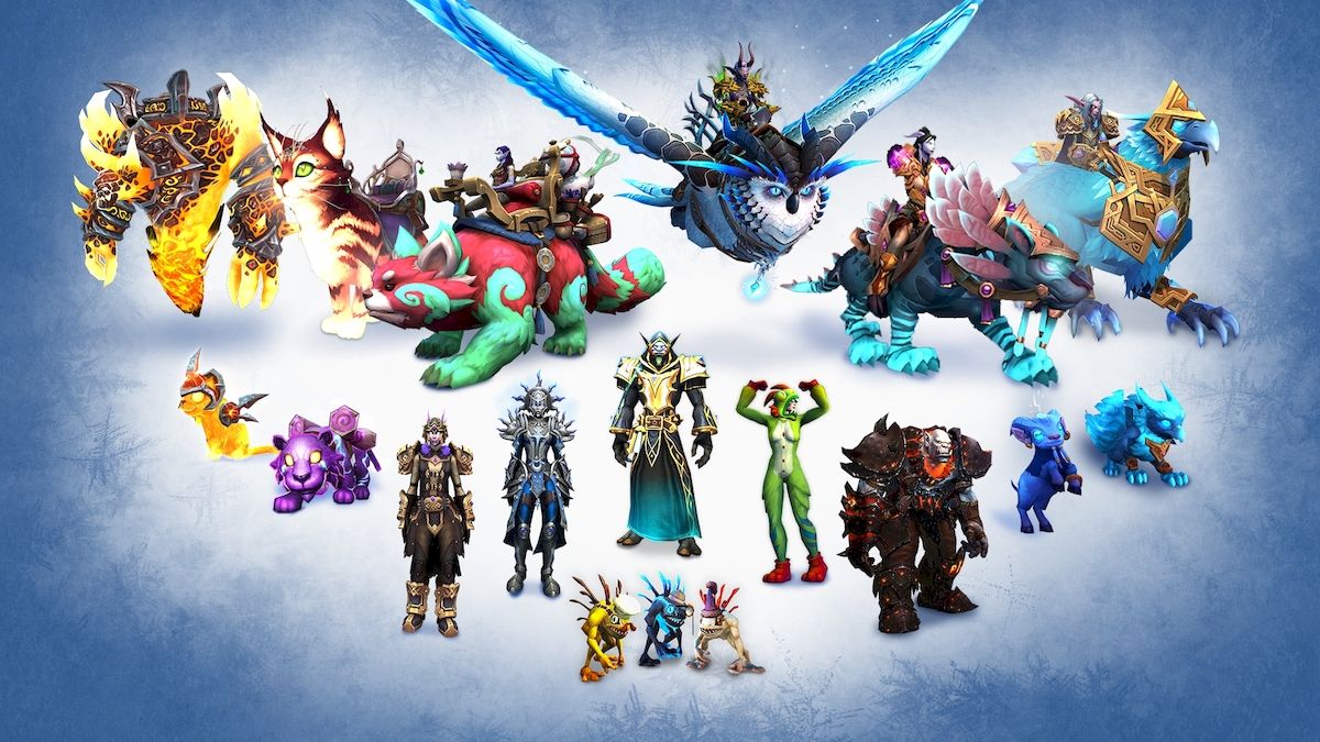A panel of assorted mounts, pets, and transmog from the Battle.net Shop.
